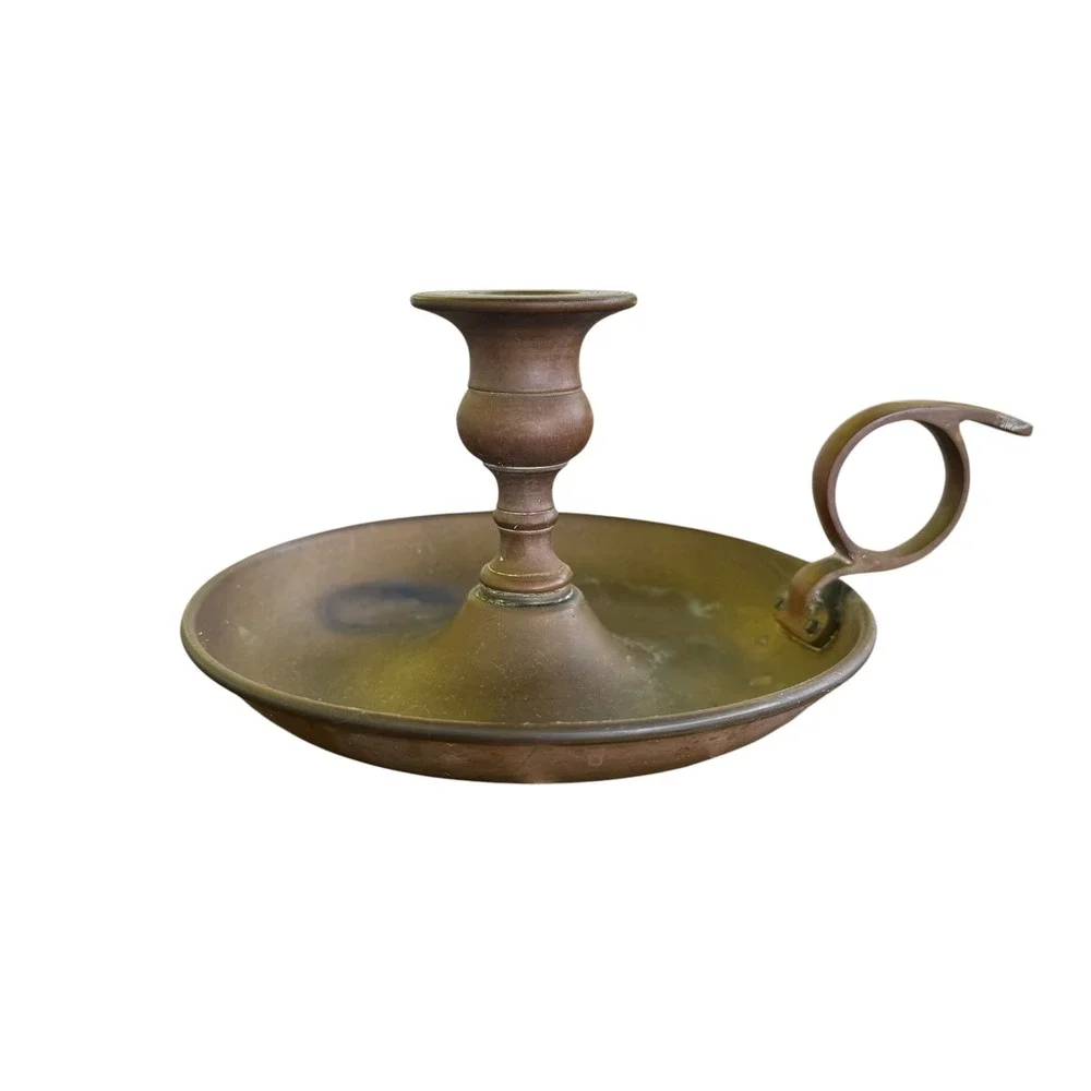 Vintage Brass Chamberstick Candle Holder Finger Loop Saucer Base Taper Antique